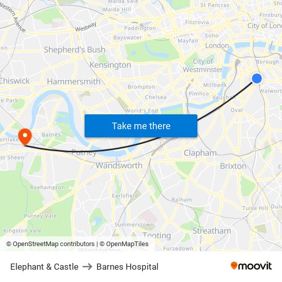 Elephant & Castle to Barnes Hospital map