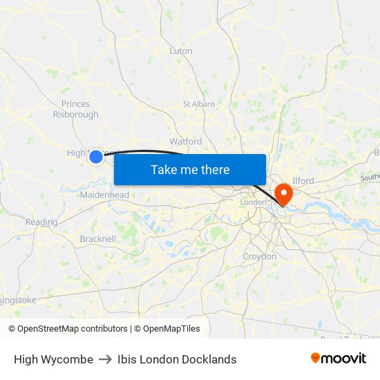 High Wycombe to Ibis London Docklands map