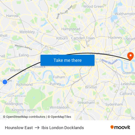 Hounslow East to Ibis London Docklands map