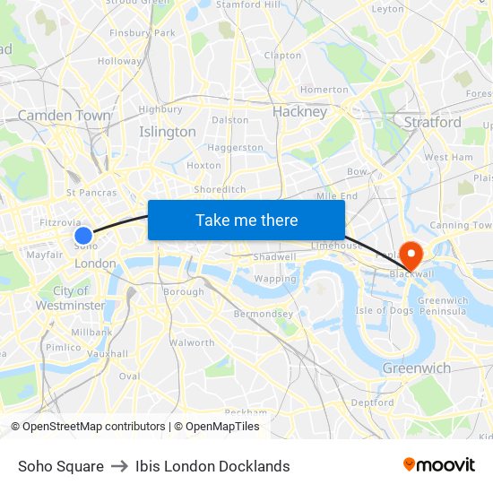 Soho Square to Ibis London Docklands map