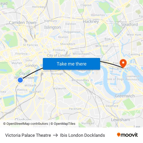 Victoria Palace Theatre to Ibis London Docklands map