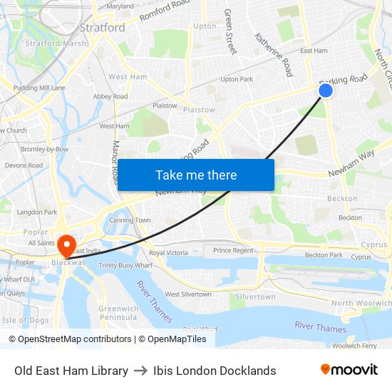 Old East Ham Library to Ibis London Docklands map