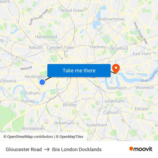 Gloucester Road to Ibis London Docklands map