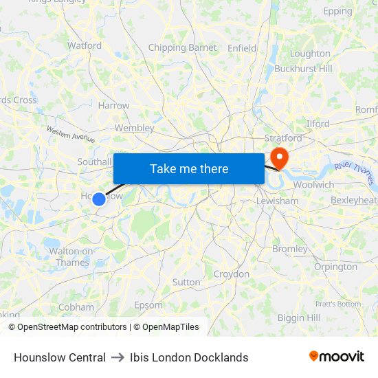 Hounslow Central to Ibis London Docklands map