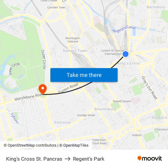 King's Cross St. Pancras to Regent's Park map