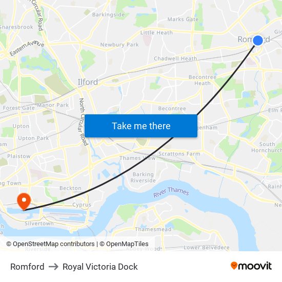 Romford to Royal Victoria Dock map