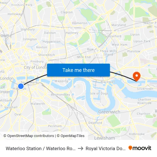 Waterloo Station / Waterloo Road to Royal Victoria Dock with public  transportation