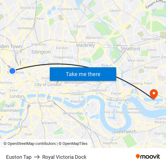 Euston Tap to Royal Victoria Dock map