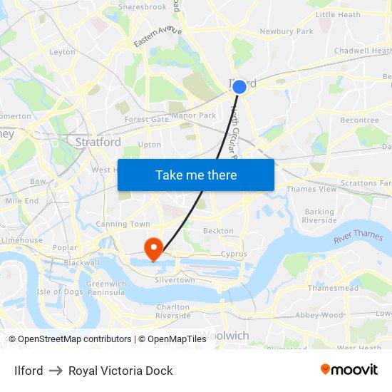 Ilford to Royal Victoria Dock map