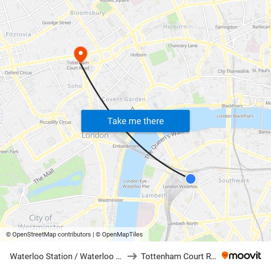 Waterloo Station / Waterloo Road to Tottenham Court Road map