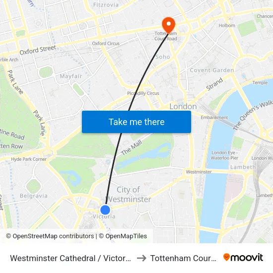 Westminster Cathedral / Victoria Station to Tottenham Court Road map