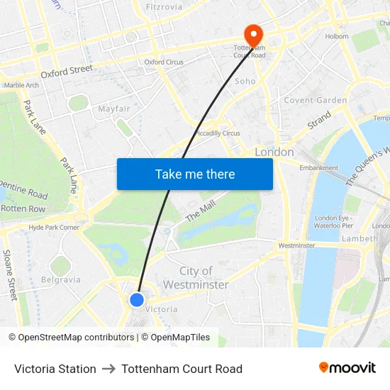 Victoria Station to Tottenham Court Road map