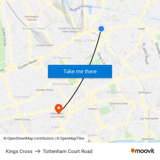 Kings Cross to Tottenham Court Road map