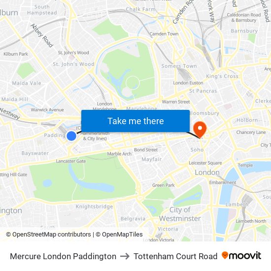 Mercure London Paddington to Tottenham Court Road map