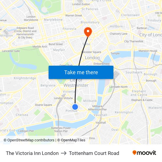 The Victoria Inn London to Tottenham Court Road map