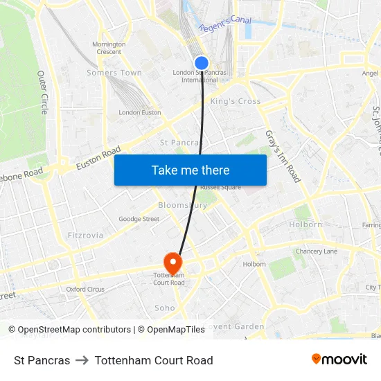 St Pancras to Tottenham Court Road map