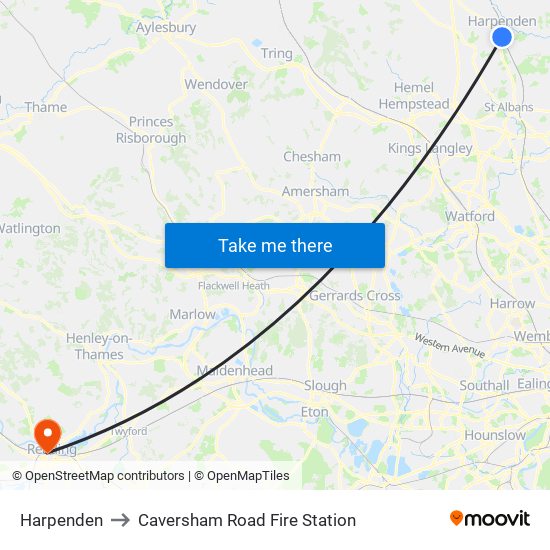 Harpenden to Caversham Road Fire Station map