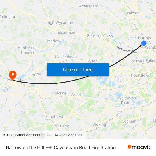 Harrow on the Hill to Caversham Road Fire Station map