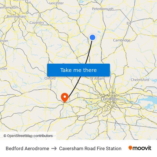 Bedford Aerodrome to Caversham Road Fire Station map