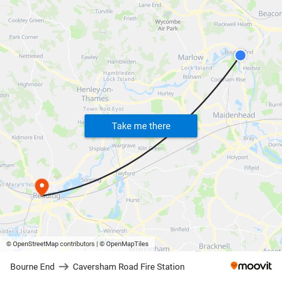 Bourne End to Caversham Road Fire Station map