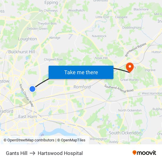 Gants Hill to Hartswood Hospital map