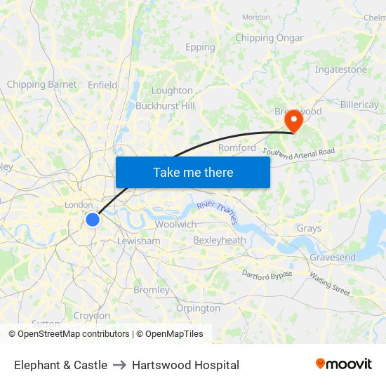 Elephant & Castle to Hartswood Hospital map