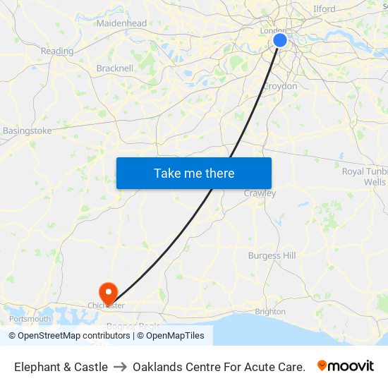 Elephant & Castle to Oaklands Centre For Acute Care. map