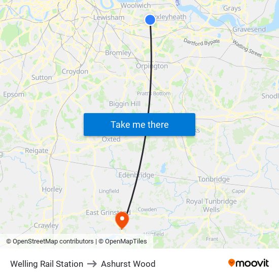 Welling Rail Station to Ashurst Wood map