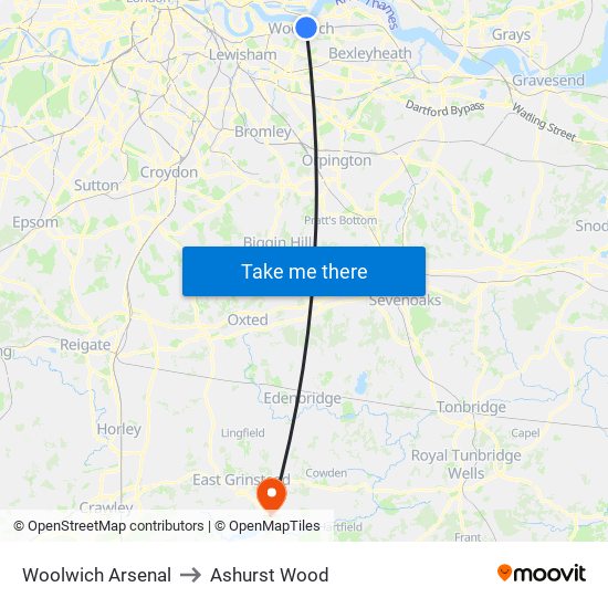 Woolwich Arsenal to Ashurst Wood map