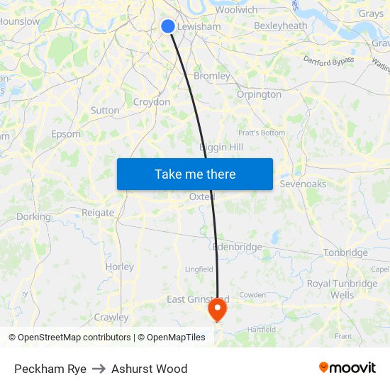 Peckham Rye to Ashurst Wood map