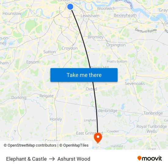 Elephant & Castle to Ashurst Wood map