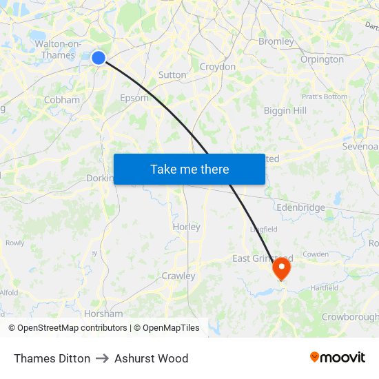 Thames Ditton to Ashurst Wood map