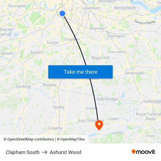 Clapham South to Ashurst Wood map