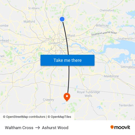 Waltham Cross to Ashurst Wood map