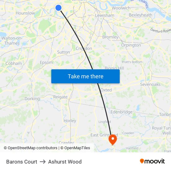 Barons Court to Ashurst Wood map