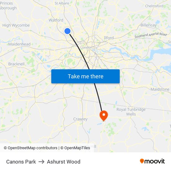 Canons Park to Ashurst Wood map