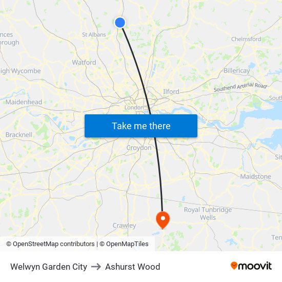 Welwyn Garden City to Ashurst Wood map