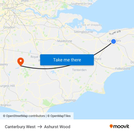 Canterbury West to Ashurst Wood map