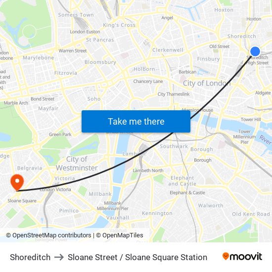 Shoreditch to Sloane Street / Sloane Square Station map