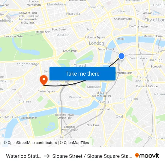 Waterloo Station to Sloane Street / Sloane Square Station map