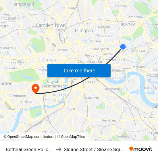 Bethnal Green Police Station to Sloane Street / Sloane Square Station map
