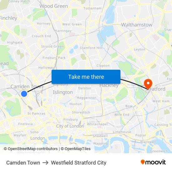 Camden Town to Westfield Stratford City map