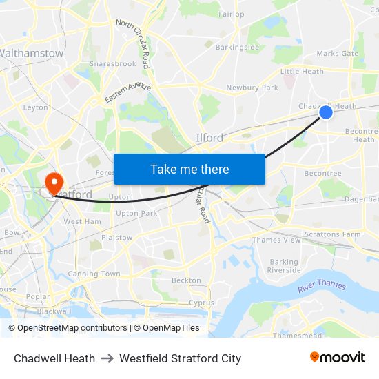 Chadwell Heath to Westfield Stratford City map