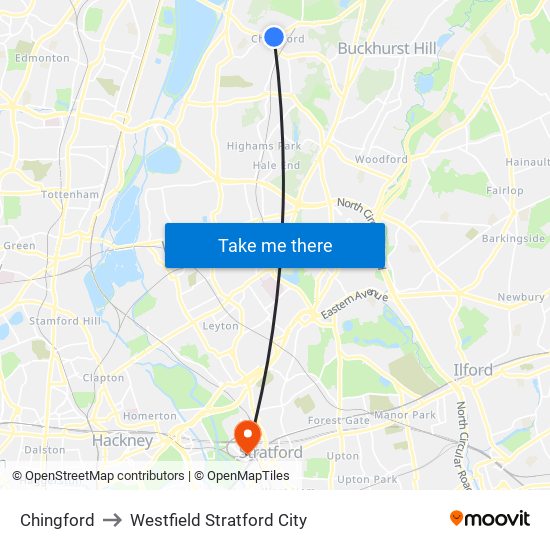 Chingford to Westfield Stratford City map