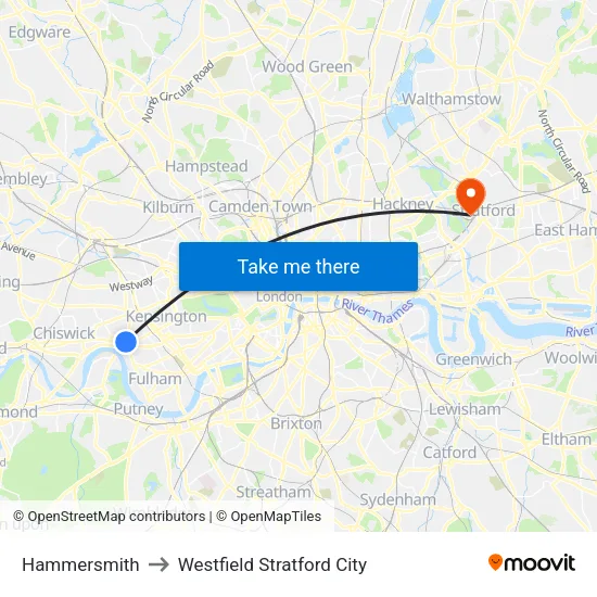 Hammersmith to Westfield Stratford City map
