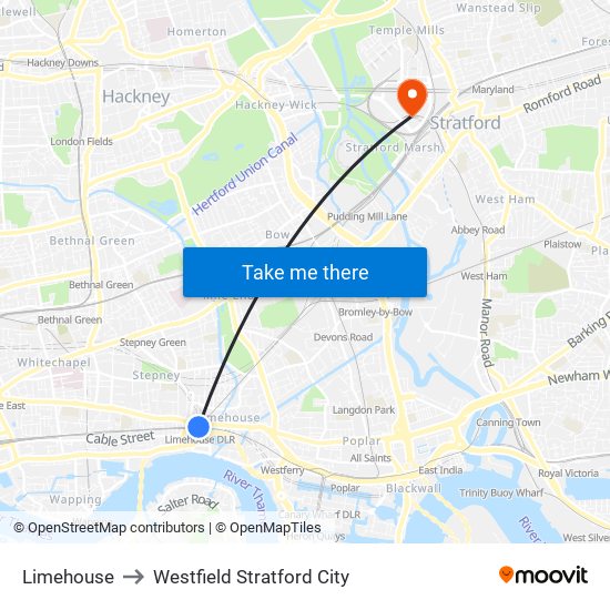 Limehouse to Westfield Stratford City map