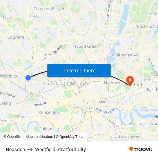 Neasden to Westfield Stratford City map