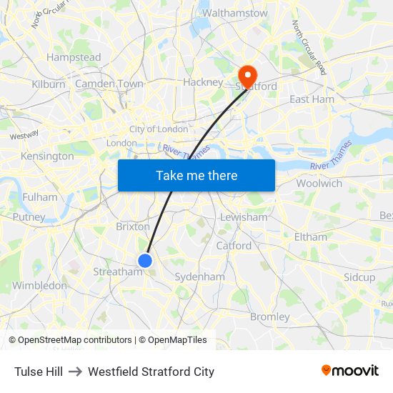 Tulse Hill to Westfield Stratford City map