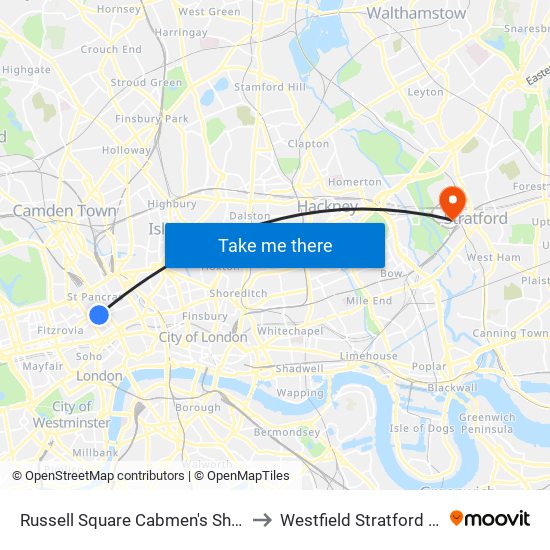 Russell Square Cabmen's Shelter to Westfield Stratford City map