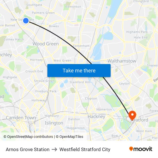 Arnos Grove Station to Westfield Stratford City map